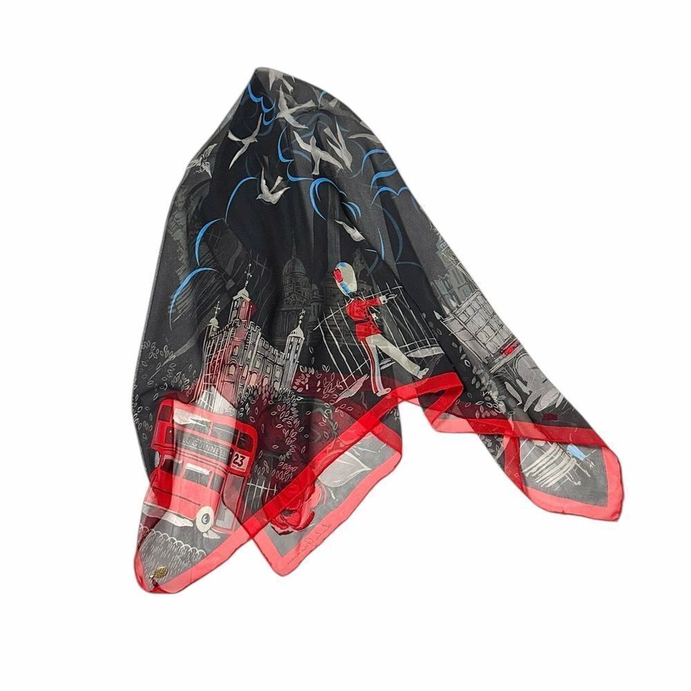 Lulu Guinness Silk Chiffon Scarf London Conture Themed Black Red Sheer 33x33" - Picture 3 of 15